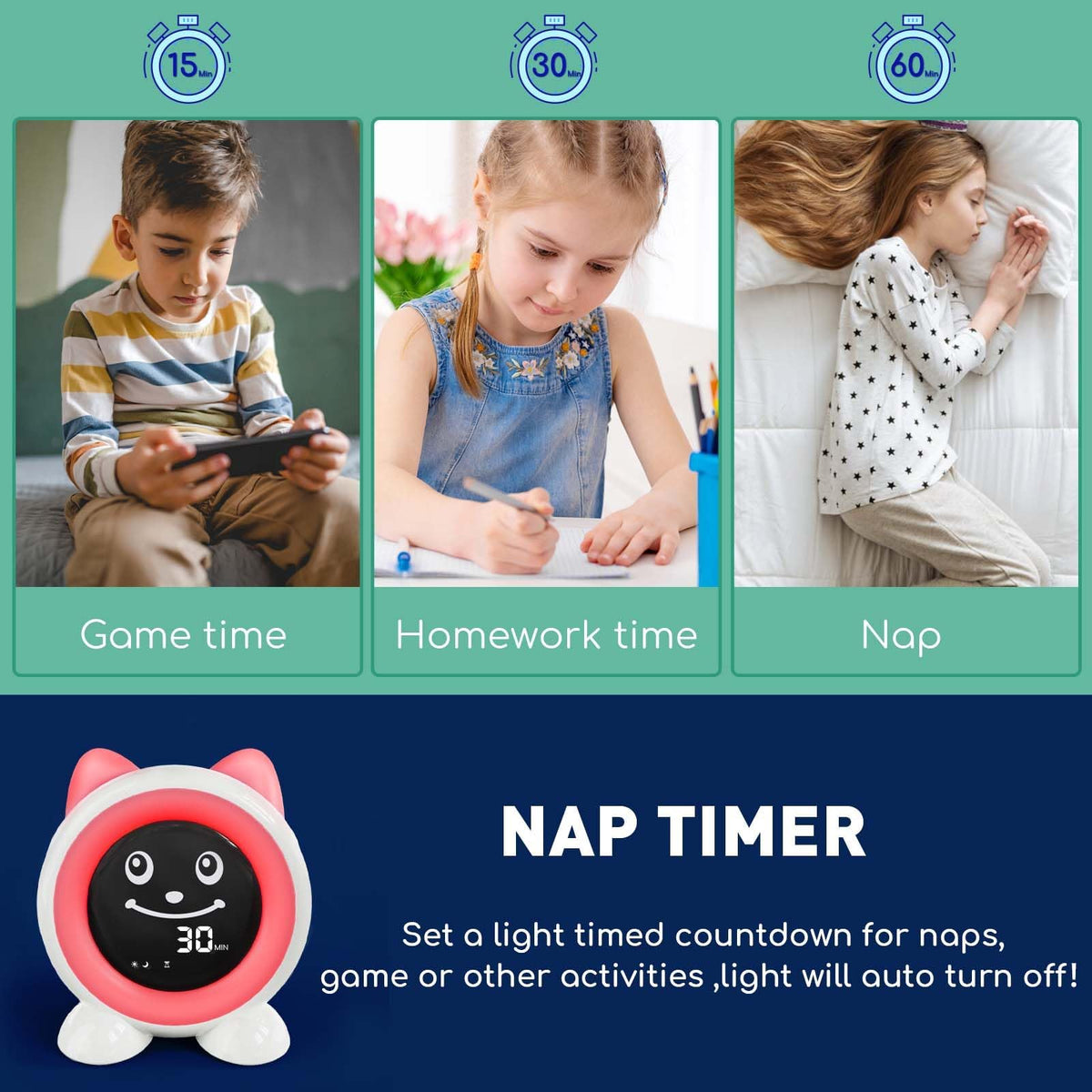 I·CODE OK to Wake included charger keeps clock powered.