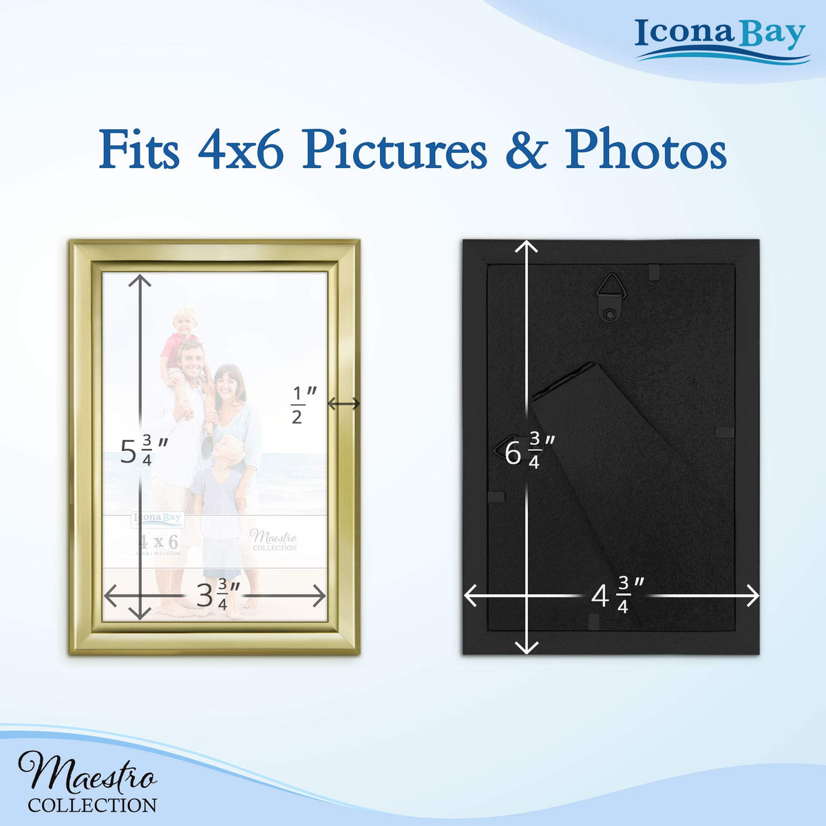 Icona Bay Maestro gold frame easel and hanging options for versatile portrait layouts.