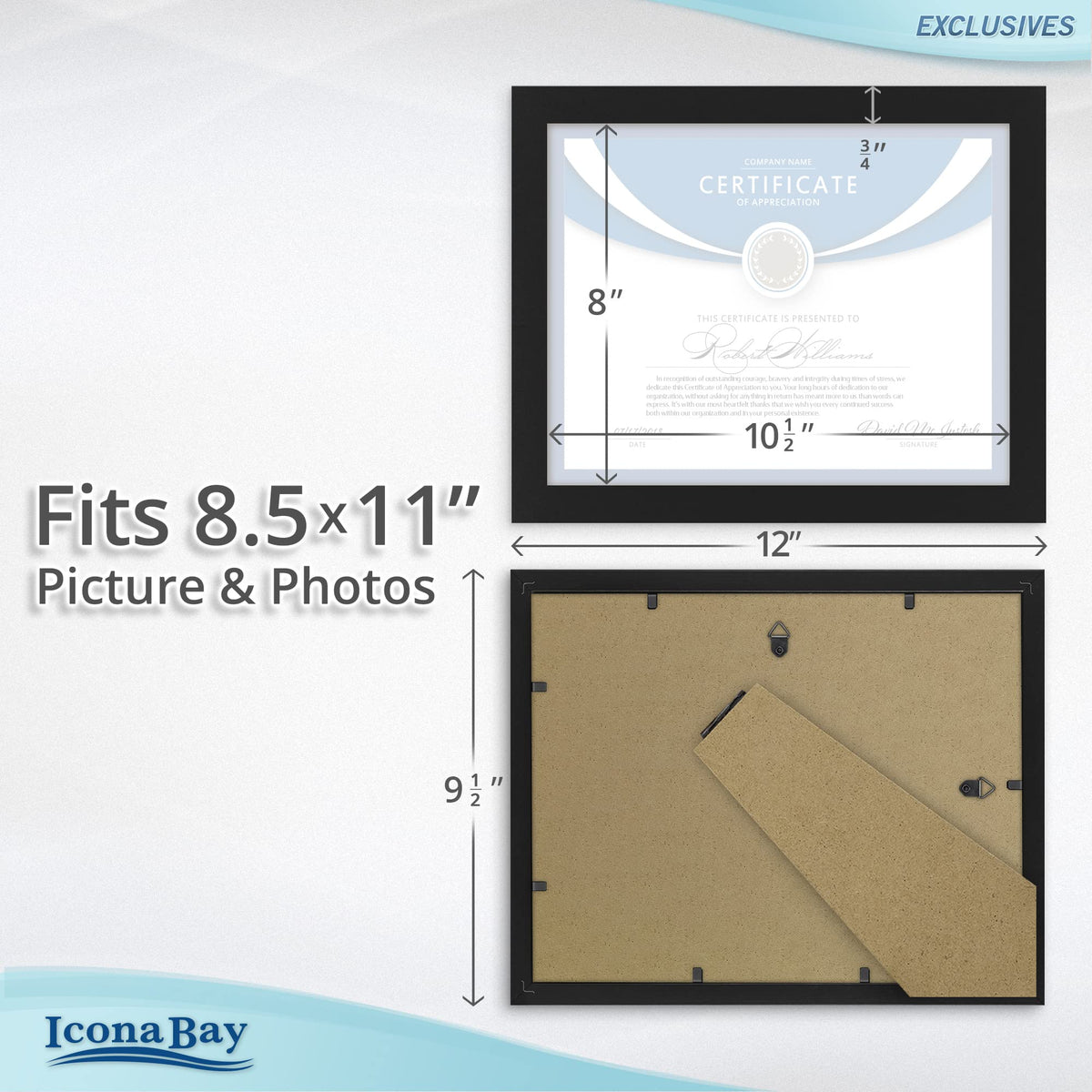 Icona Bay 8.5x11 black frame back view with hanging hooks