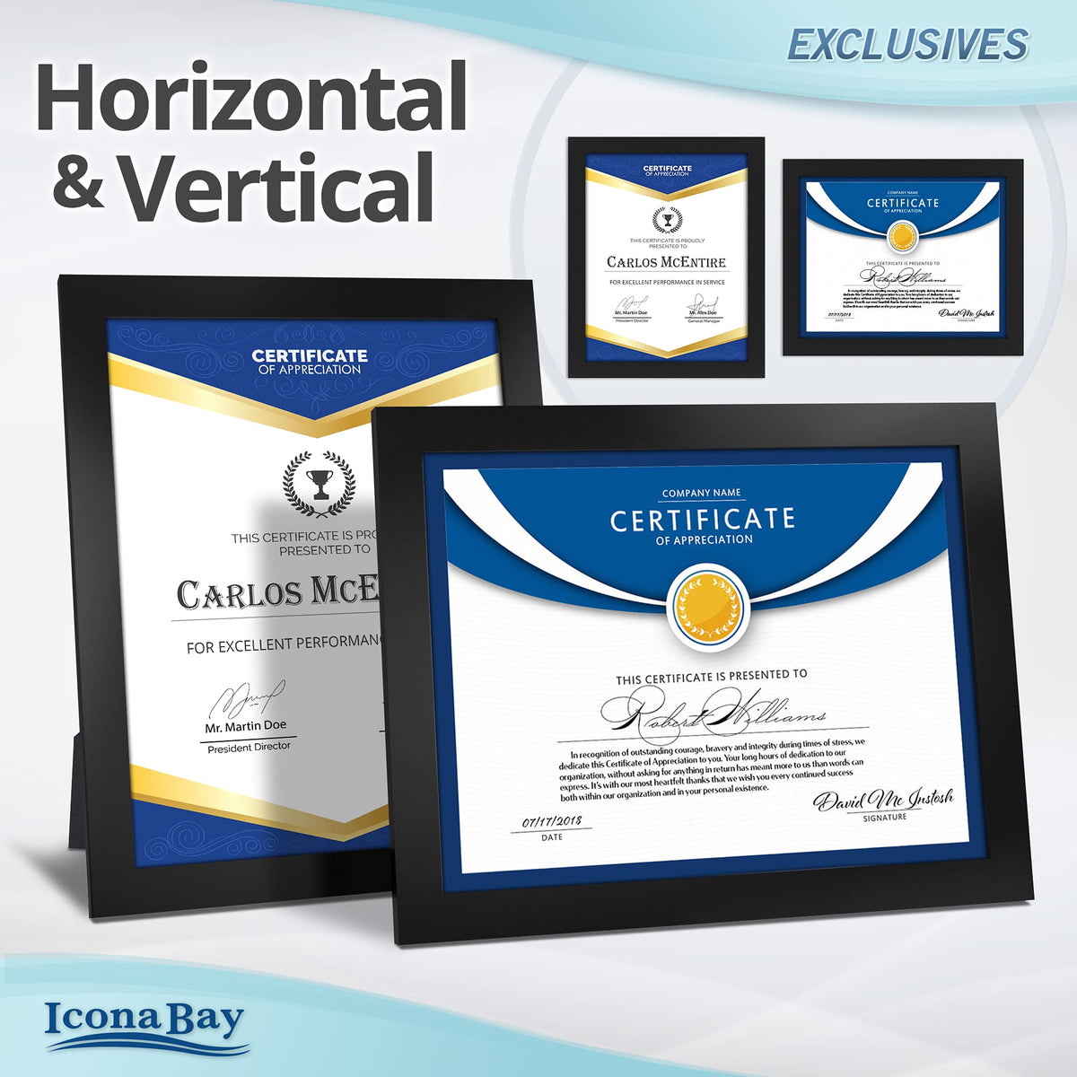 Icona Bay 8.5x11 black frame on tabletop with kickstand
