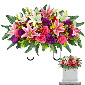 ICX artificial cemetery flower saddle with lilies and roses for dignified grave decor