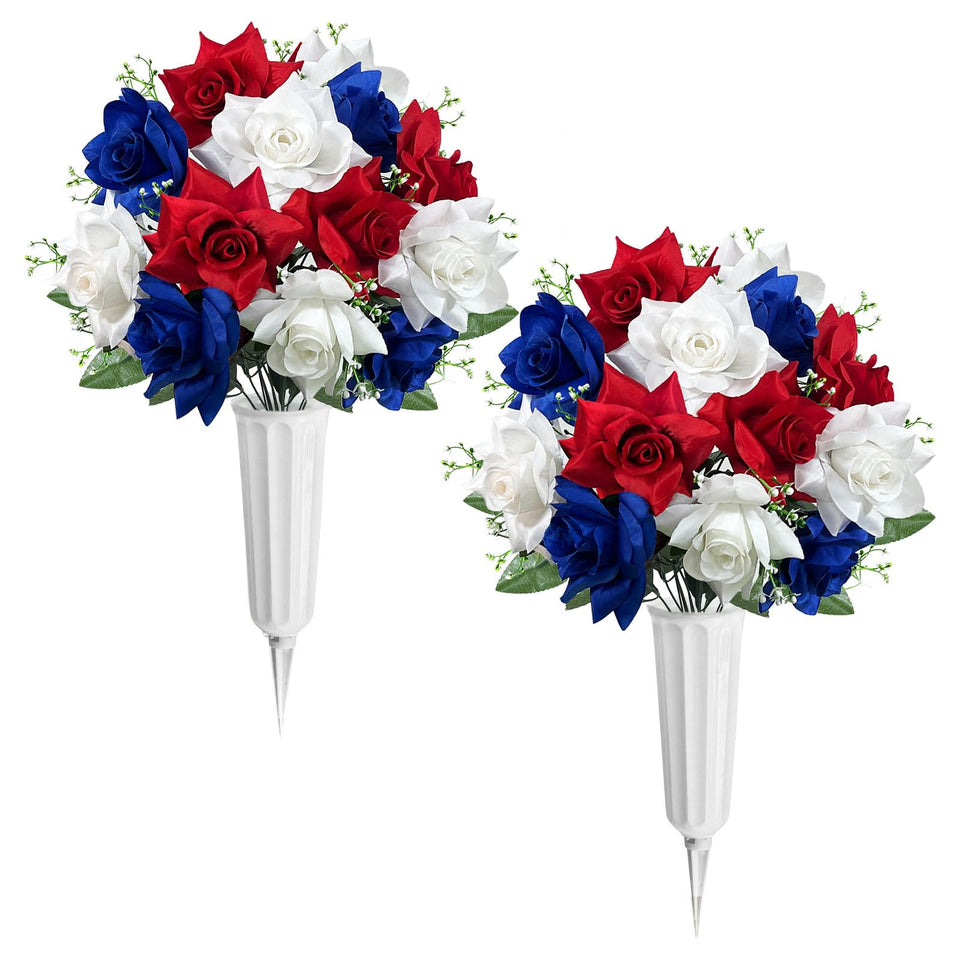 ICX artificial cemetery flowers bouquet—blue, white, and red roses for a dignified grave