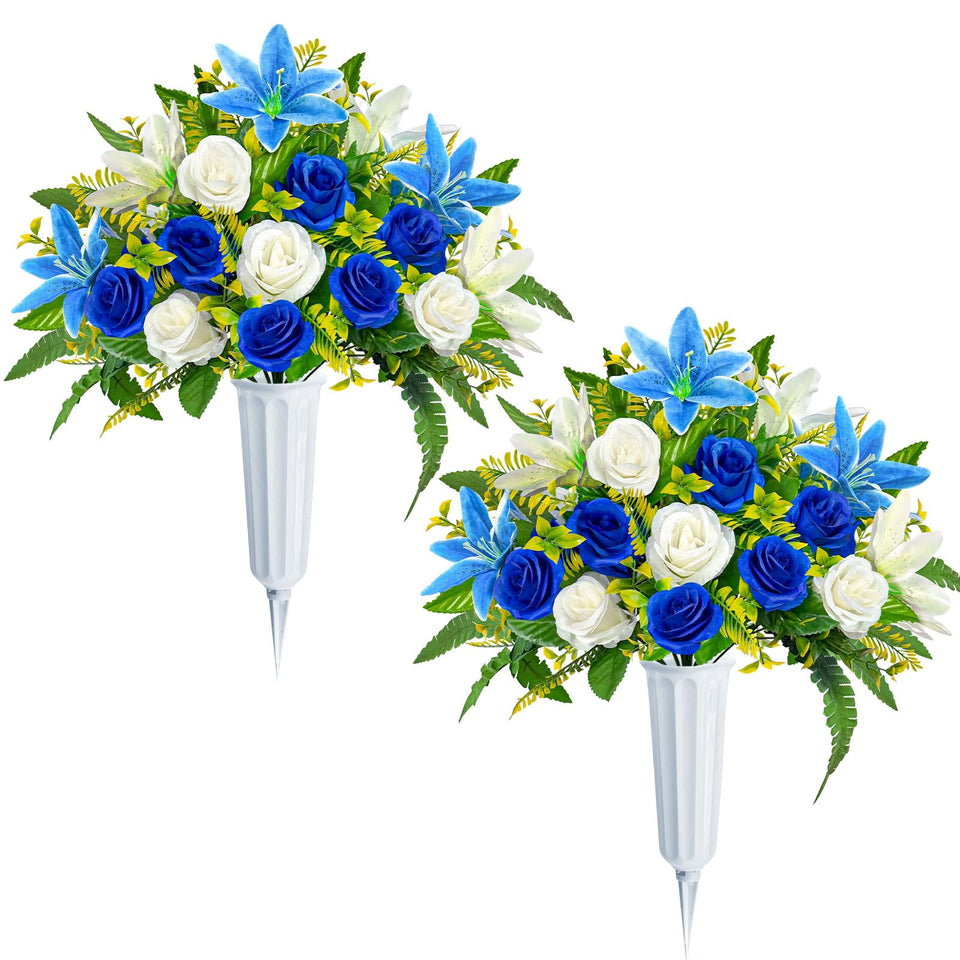 ICX artificial cemetery flowers with vase for graves, durable display.
