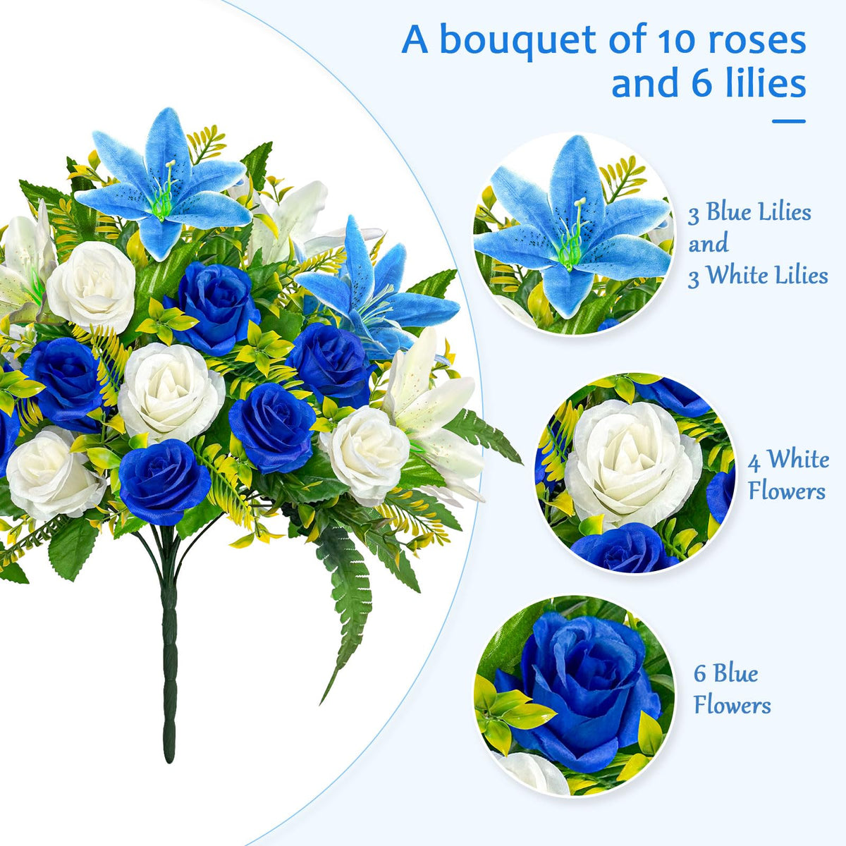 ICX blue white rose-lily bouquet for grave display.
