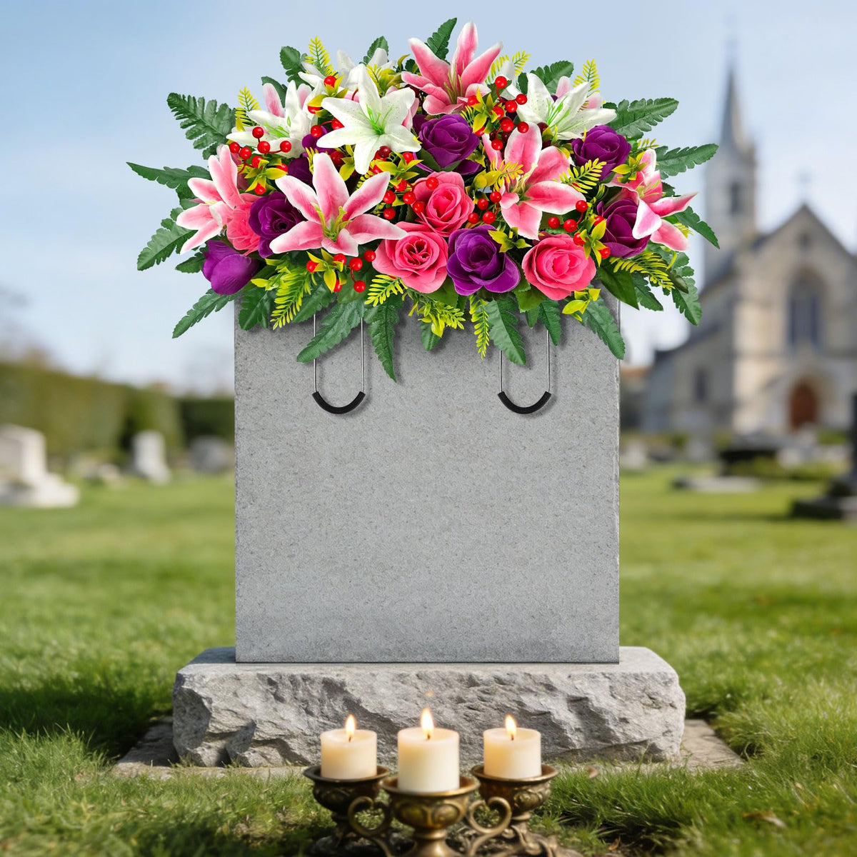 ICX cemetery saddle during easy setup on a headstone for remembrance