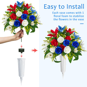 ICX patriotic memorial bouquet with red, blue, white roses and lilies for gravestones