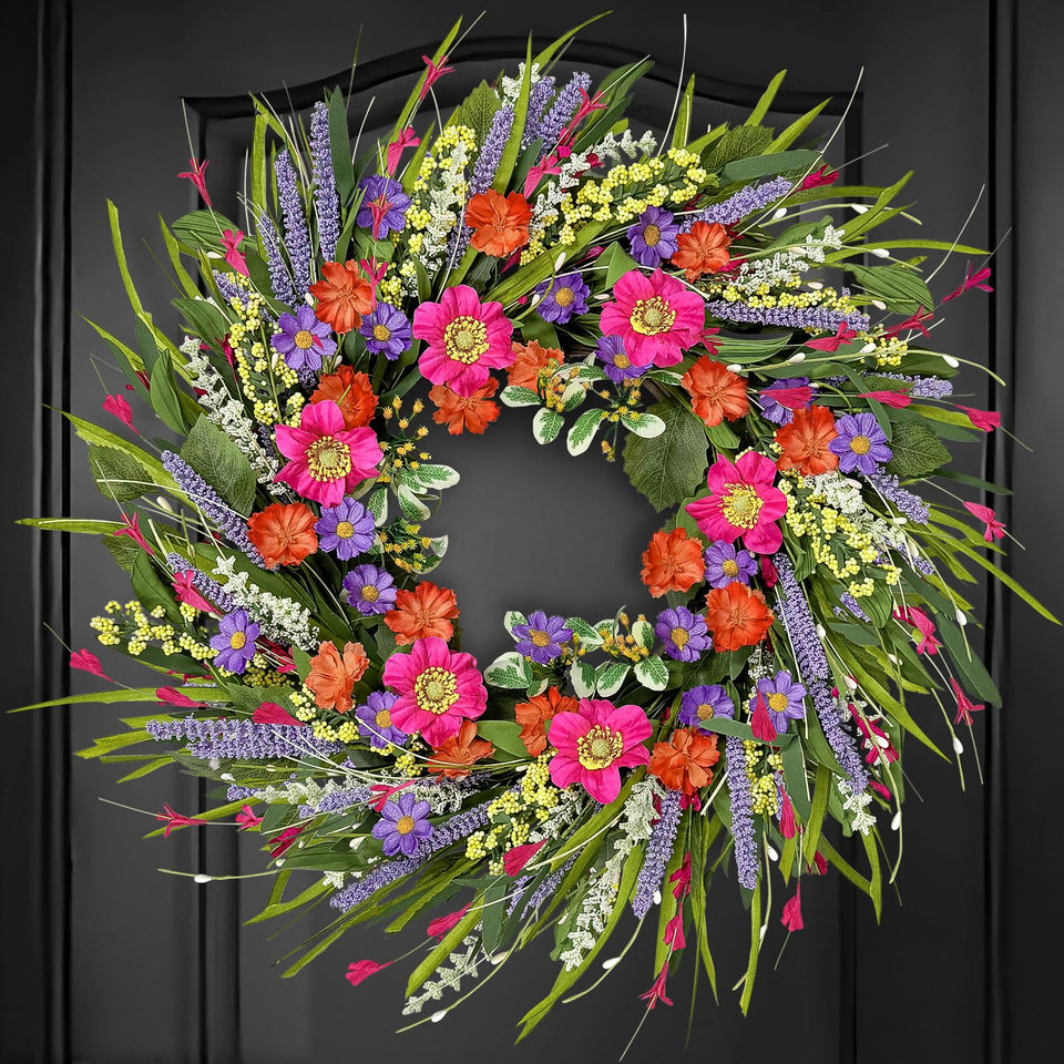 ICX spring wreath for front door with lavender and daisies, welcoming year-round charm.