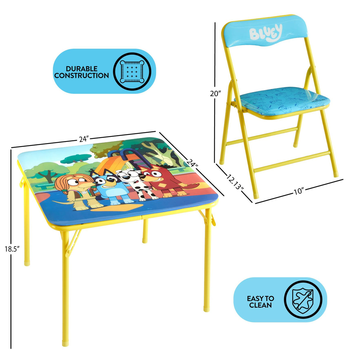 Idea Nuova Bluey chair close up shows wipe clean vinyl padding.