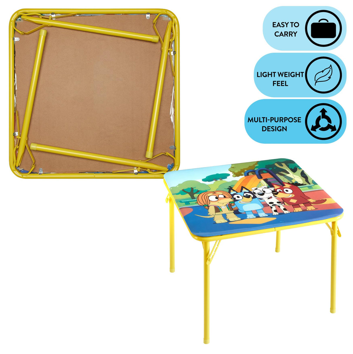 Idea Nuova Bluey folding mechanism offers sturdy support during play.