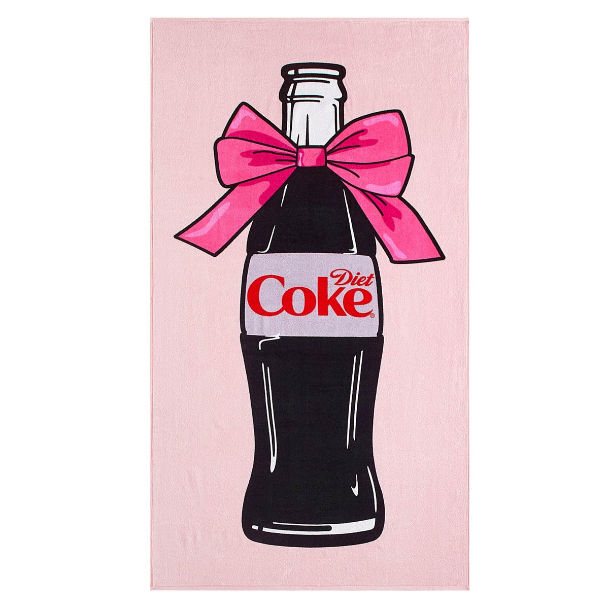 Idea Nuova Diet Coke bottle bow towel on pink backdrop for beachfront lounging.
