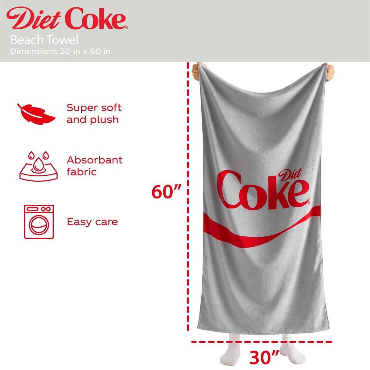 Idea Nuova Diet Coke towel backside highlights plush fabric for soft drying.
