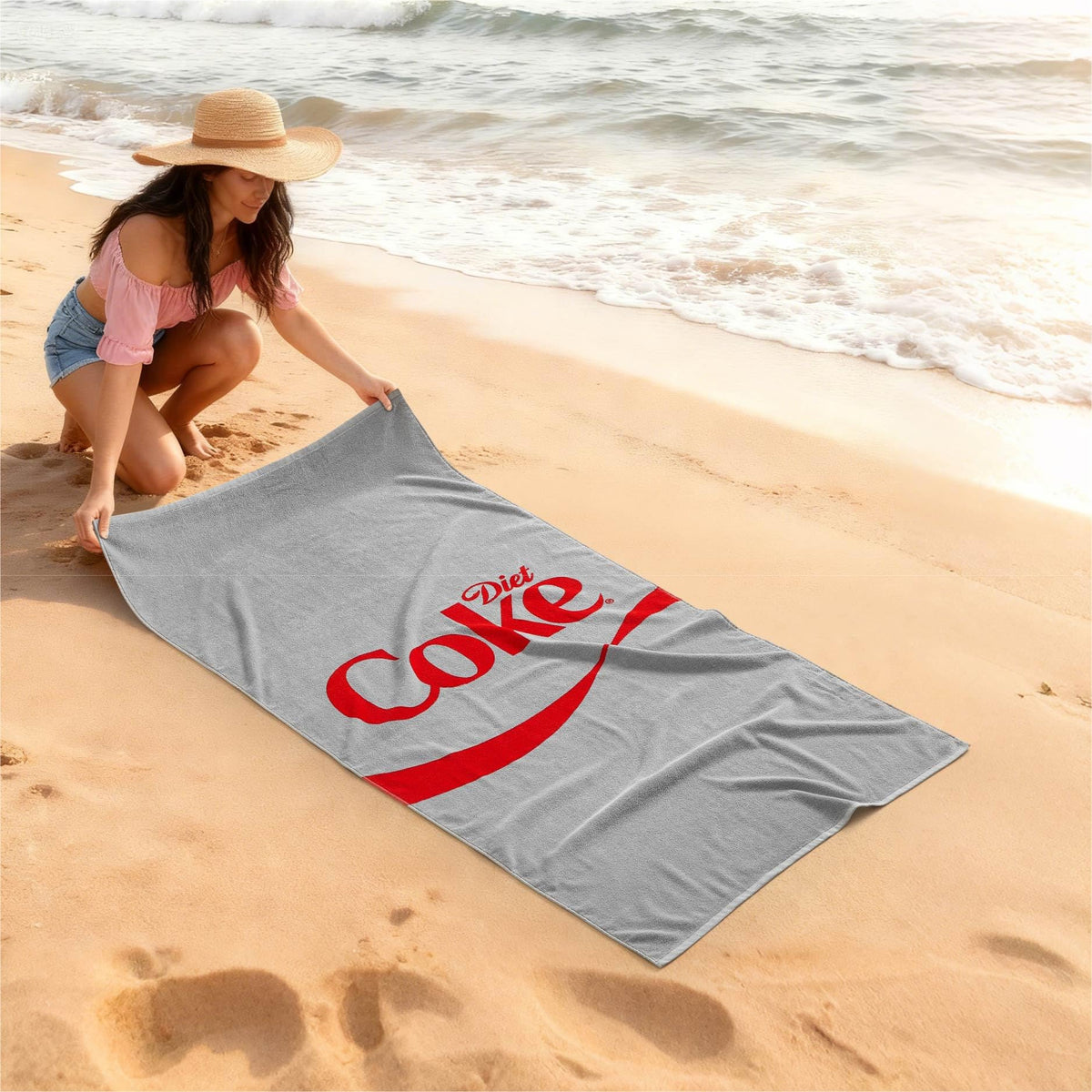 Idea Nuova Diet Coke towel shows 30x60 size for generous full-body coverage.