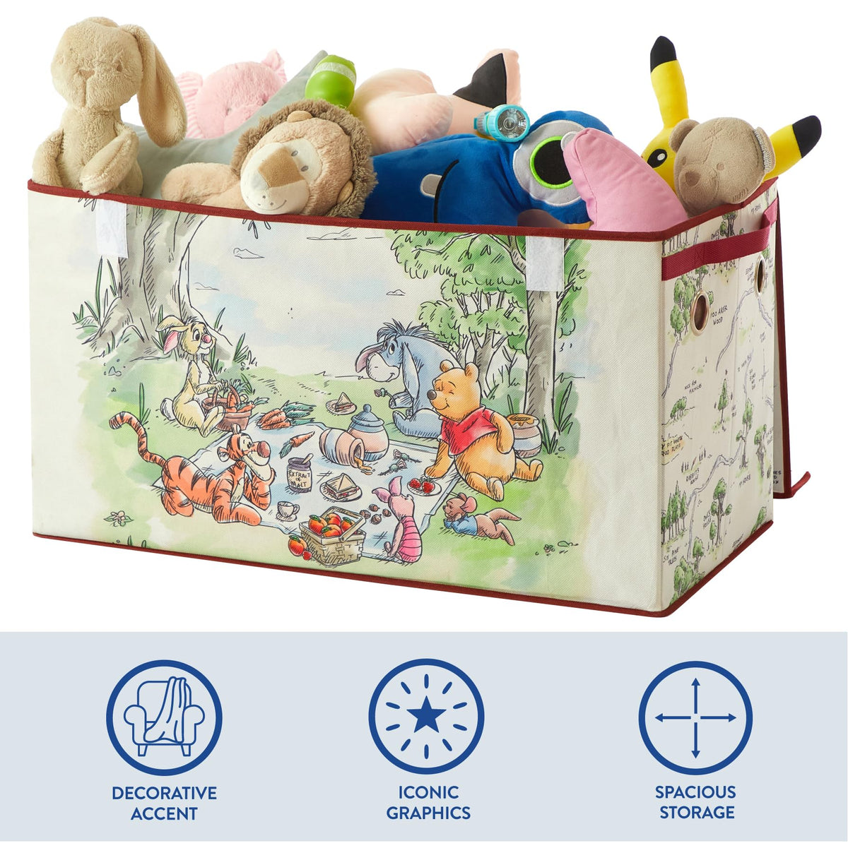 Soft non-woven material trunk reduces noise while kids clean up toys.