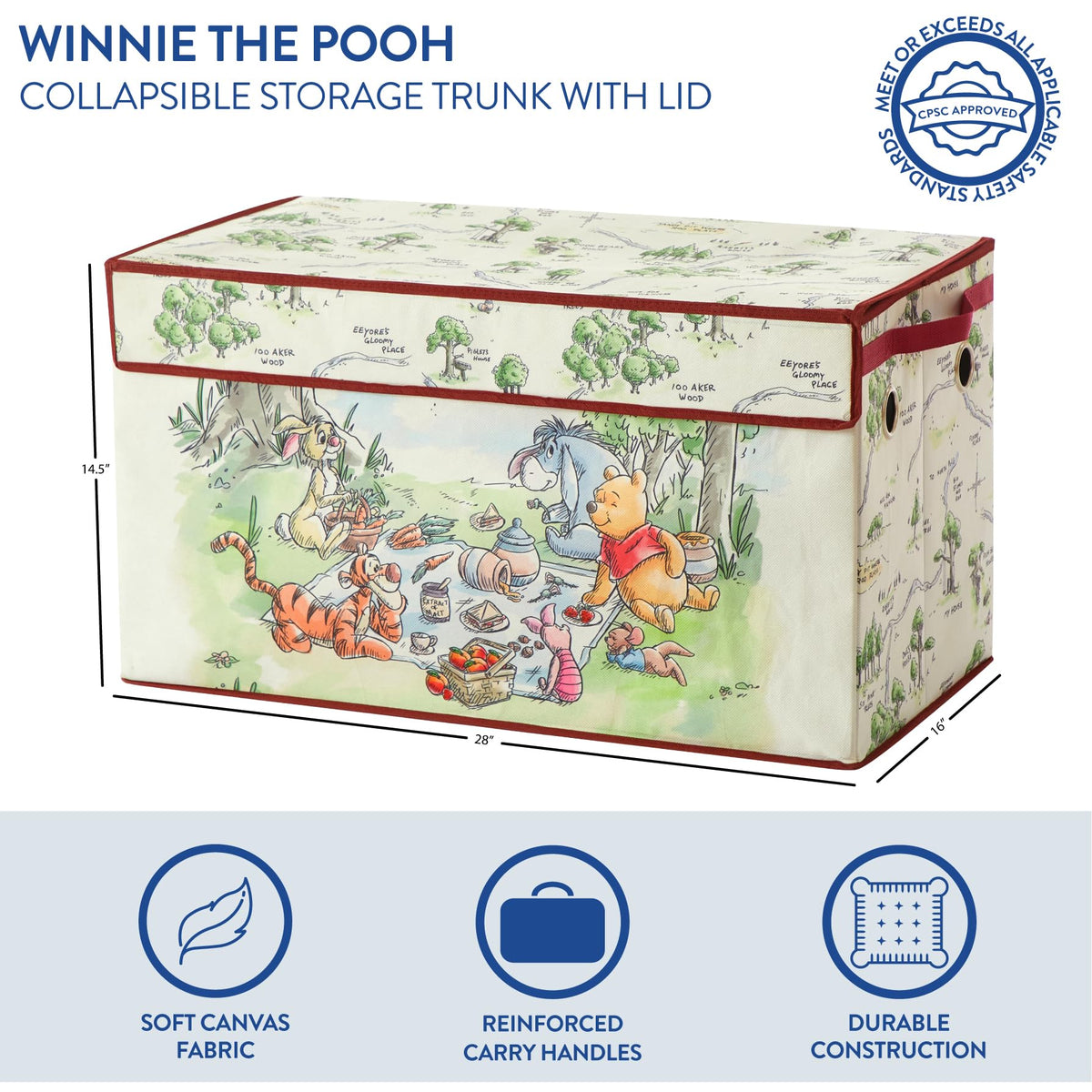 Disney Winnie the Pooh graphics on a durable trunk encourage organized playrooms.