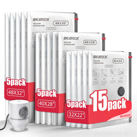 IDEATECH 15-pack vacuum bags with electric pump for space-saving storage.