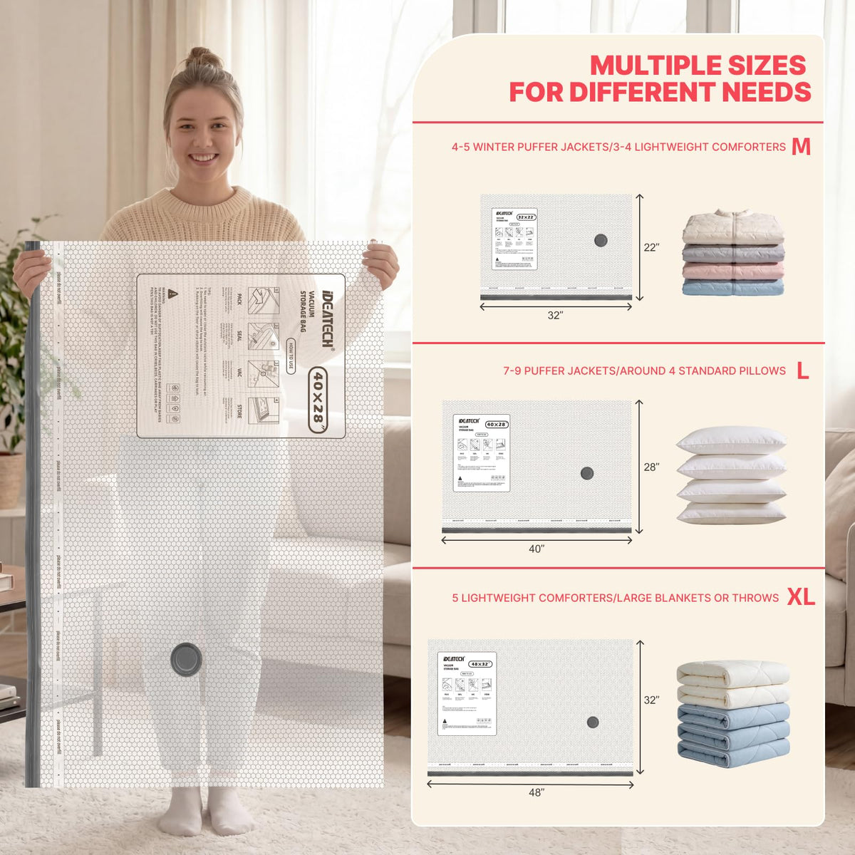 IDEATECH wide-opening bag making bulky bedding easy to pack.
