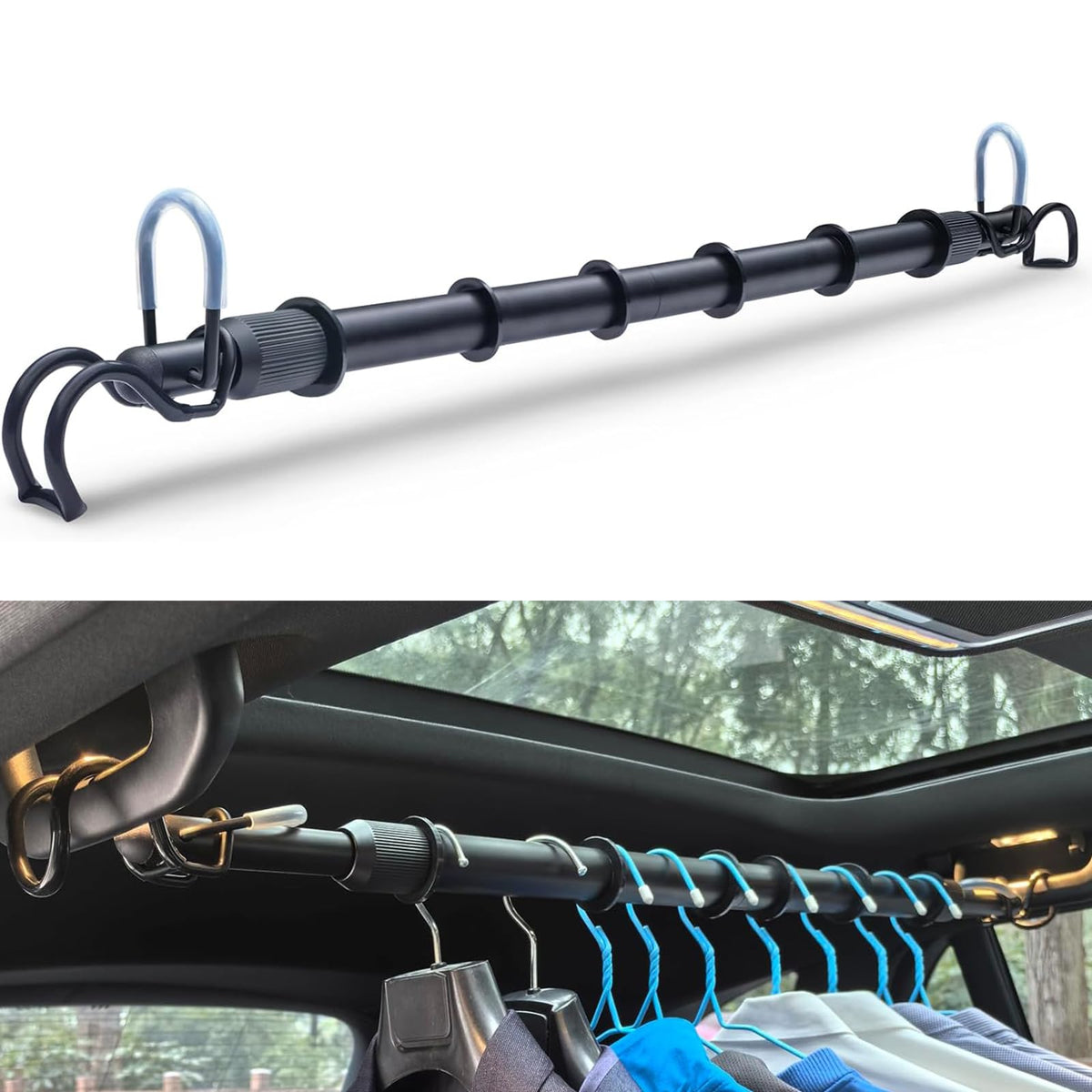 Idefair heavy-duty telescopic car clothes hanger bar extended to 66 inches.