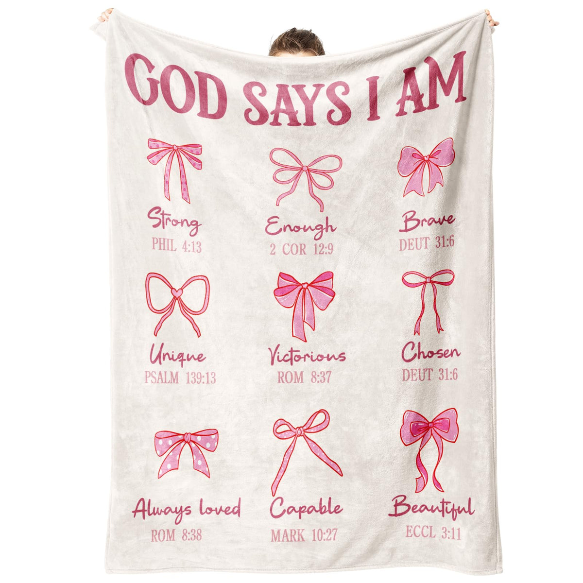 IDELTIME God Says I Am pink bow blanket front view on sofa for daily inspiration