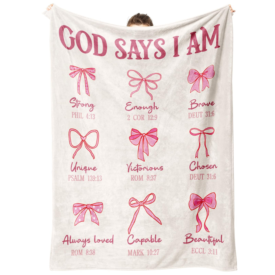 IDELTIME God Says I Am pink bow blanket front view on sofa for daily inspiration