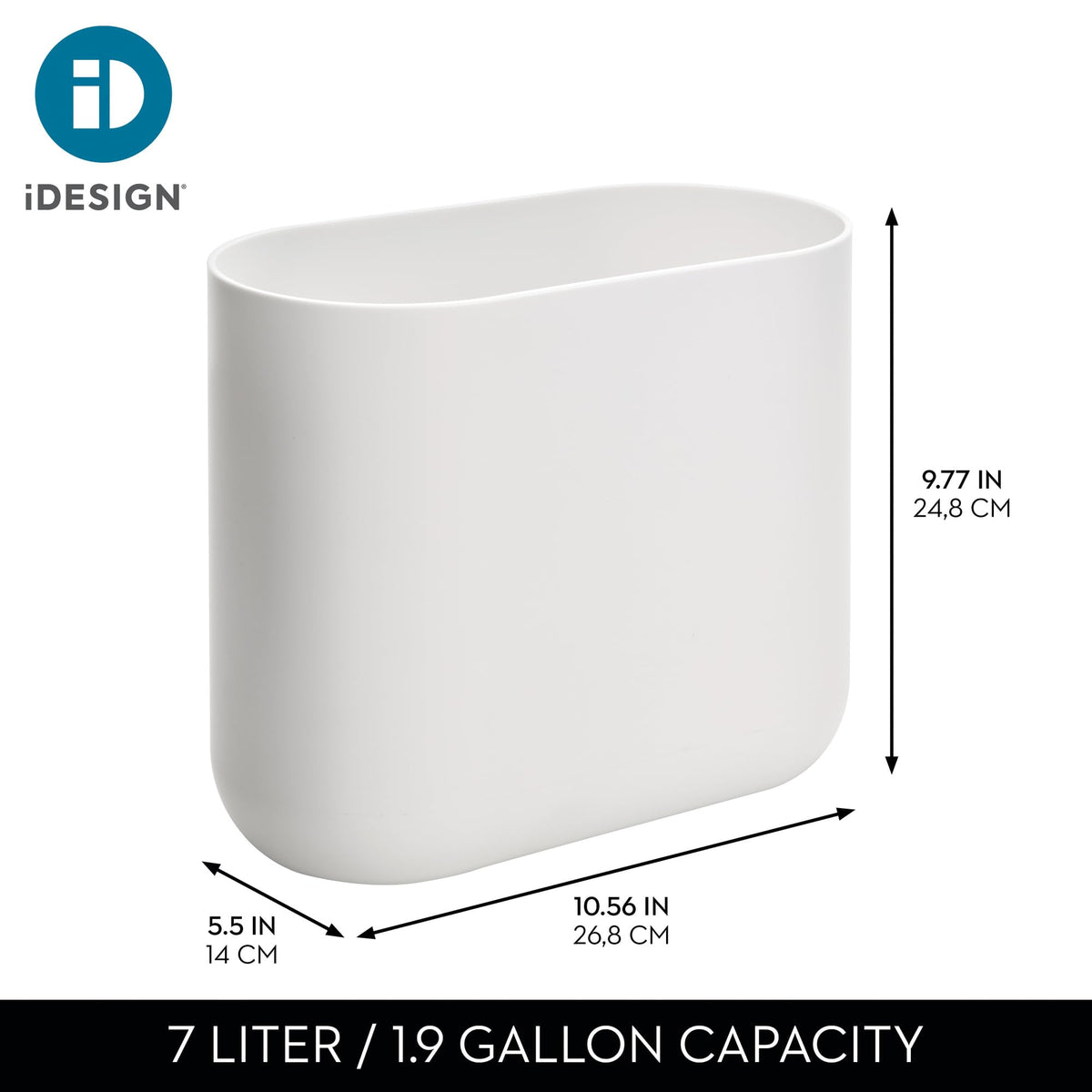 iDesign Cade trash can in a dorm room keeps surfaces tidy
