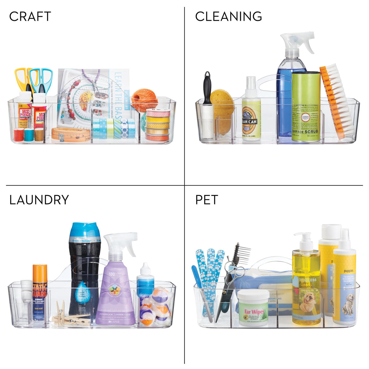 iDesign Clarity cosmetic organizer tote in a dorm bathroom setup for portable storage