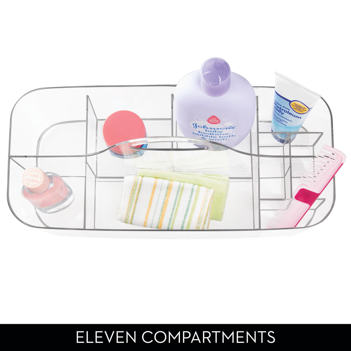 iDesign Clarity cosmetic organizer tote drain holes closeup shows drainage after use