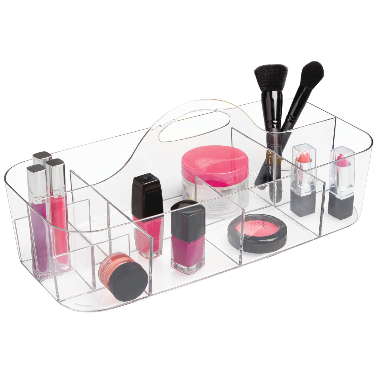 iDesign Clarity cosmetic organizer tote front view shows clear bins for easy item spotting