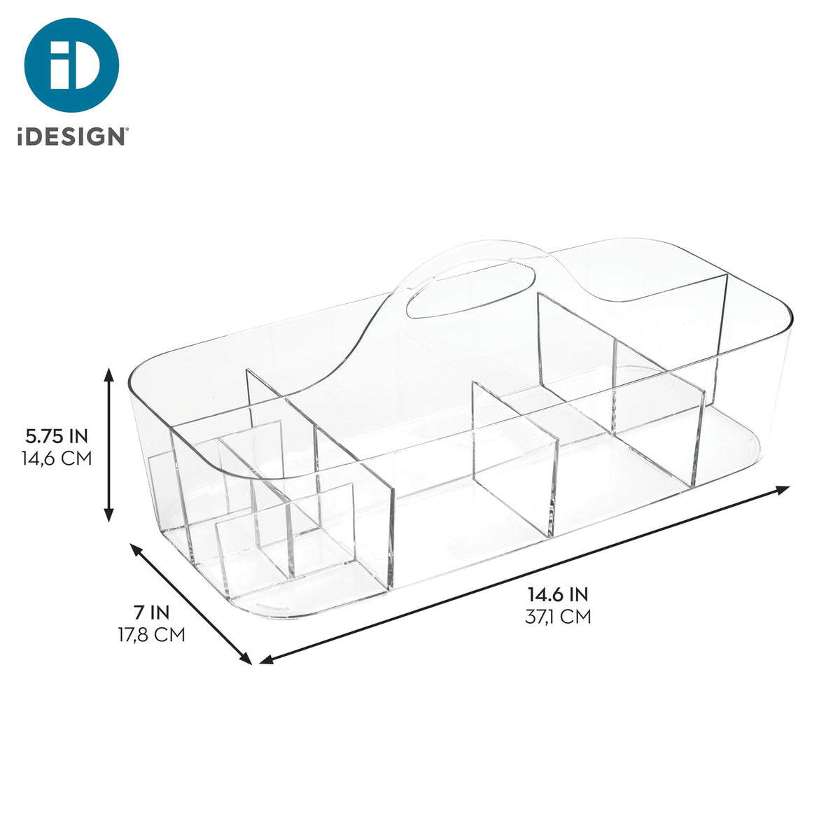 iDesign Clarity cosmetic organizer tote open compartments demonstrate eleven-compartment versatility for bath essentials