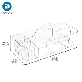 iDesign Clarity cosmetic organizer tote open compartments demonstrate eleven-compartment versatility for bath essentials
