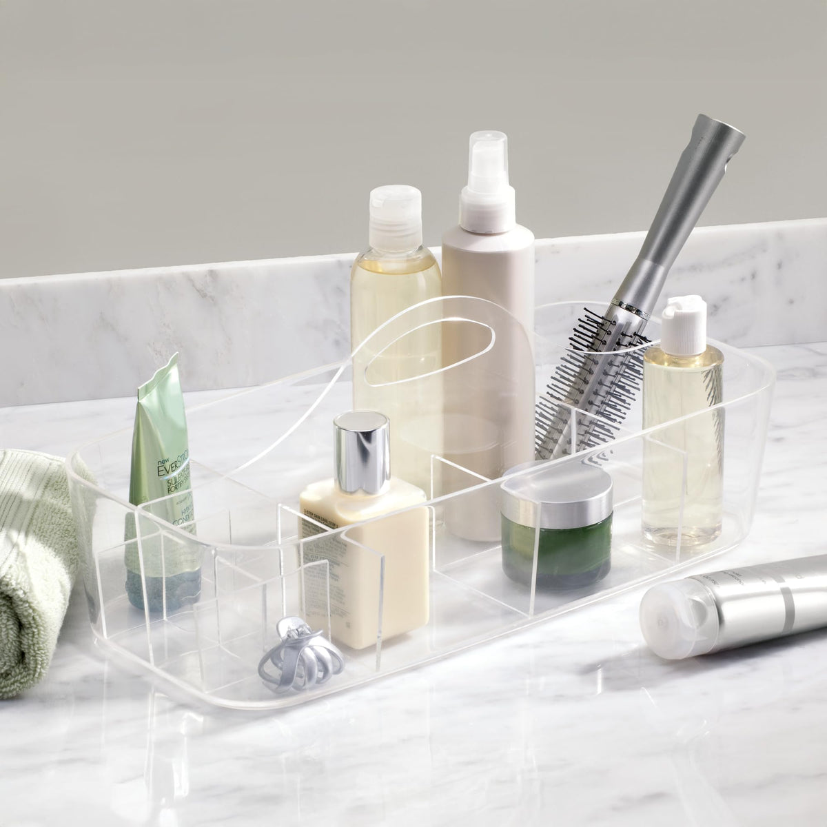 iDesign Clarity cosmetic organizer tote side view highlights compact storage in tight spaces