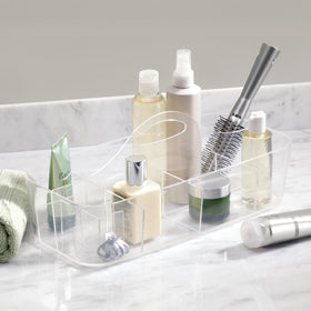 iDesign Clarity cosmetic organizer tote side view highlights compact storage in tight spaces