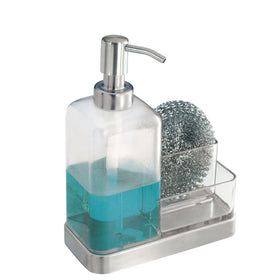 iDesign Forma soap pump with caddy keeps sponges organized on the counter.