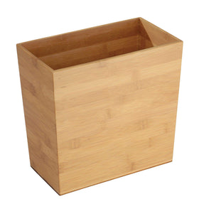 iDesign Formbu rectangular bamboo waste can fits tight spaces for easy disposal.
