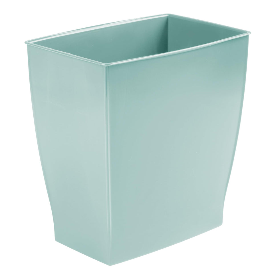 idesign mono trash can in soft aqua blue, slim rectangle design ideal for tight spaces.