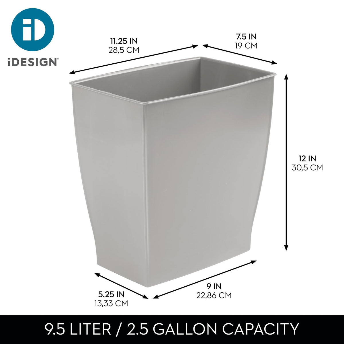 iDesign Mono Trash Can placed under a desk to keep surfaces clear.