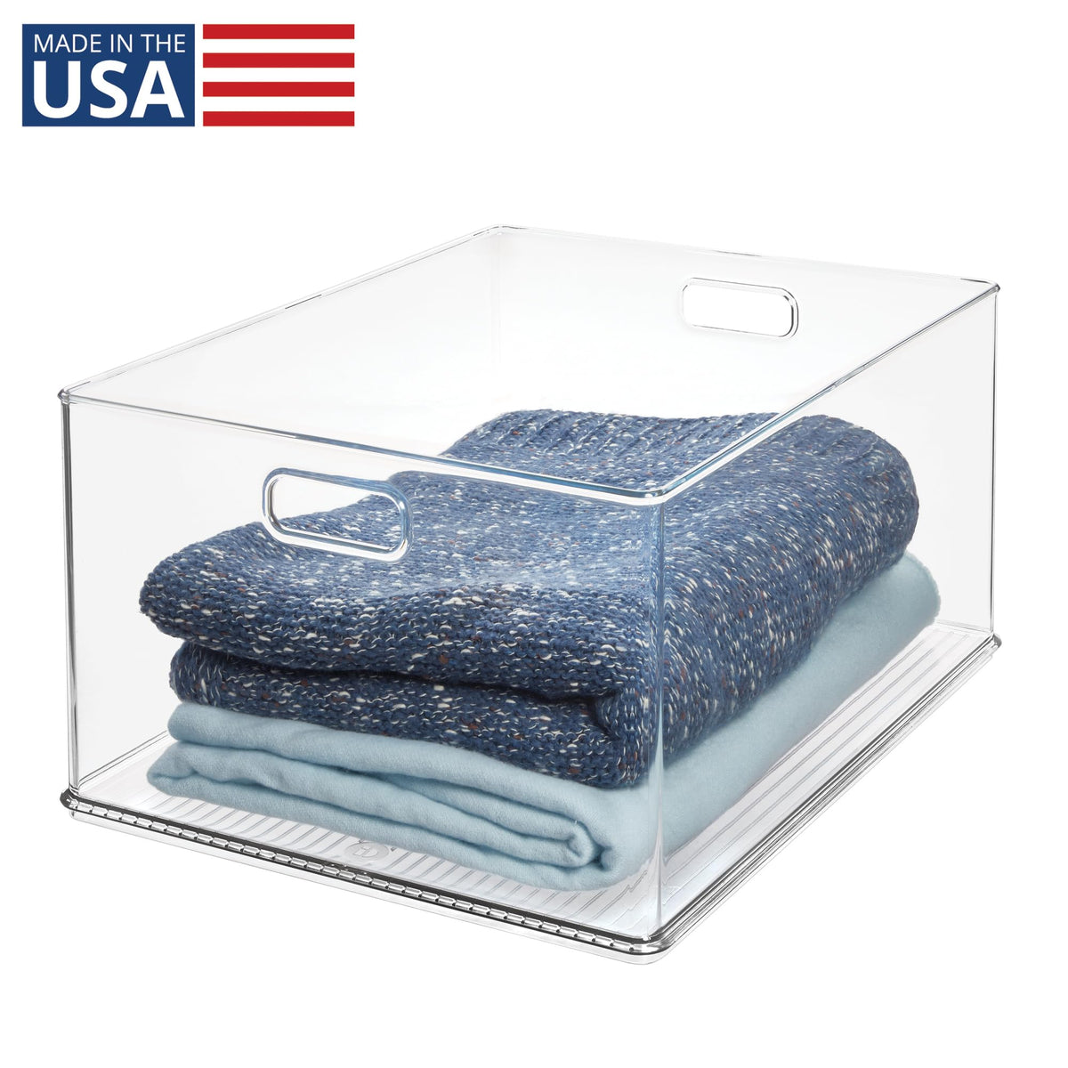 iDesign stackable storage bin with clear top view to maximize vertical space