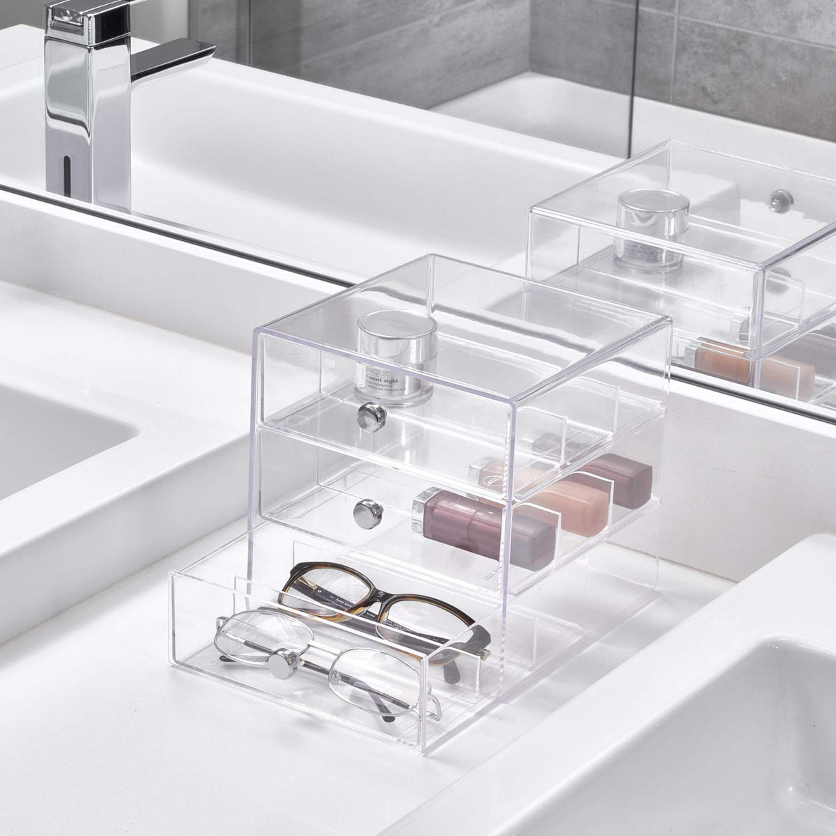 idesign vanity organizer drawer open reveals divided compartments for small items