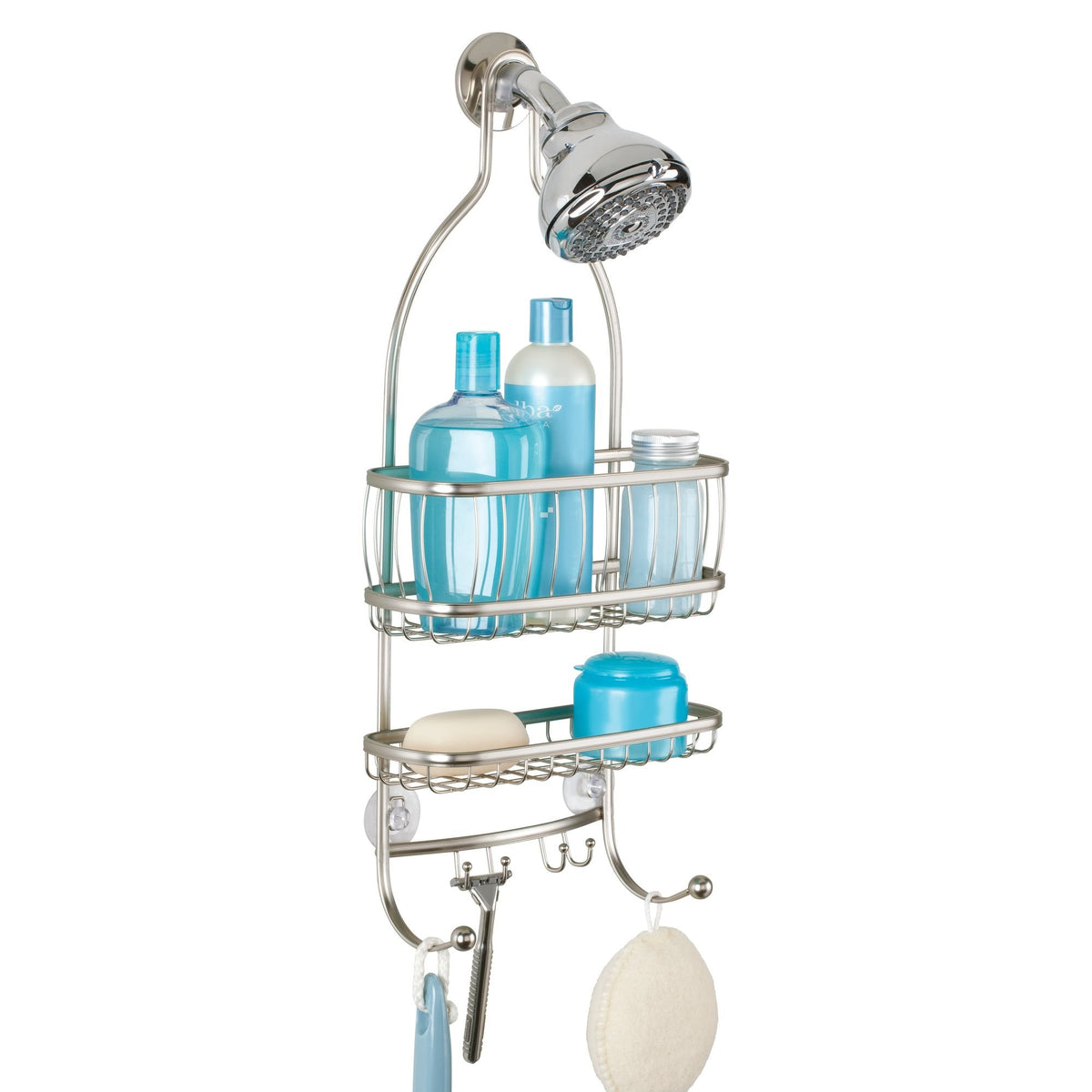 Idesign York metal wire shower caddy with racks for organized shower essentials.
