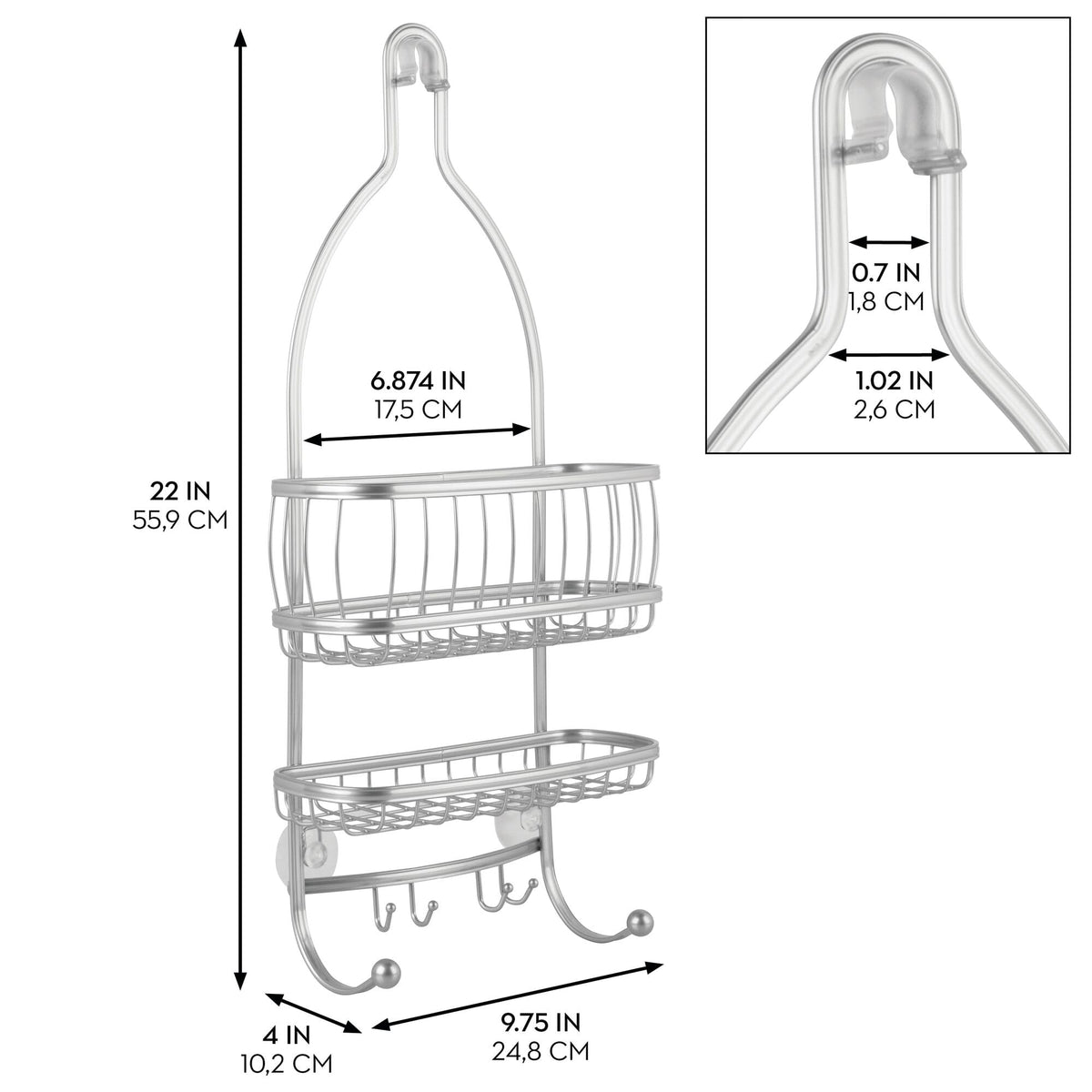 Idesign York shower caddy lower hooks for razors and washcloths.