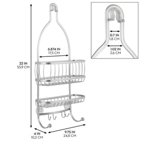 Idesign York shower caddy lower hooks for razors and washcloths.