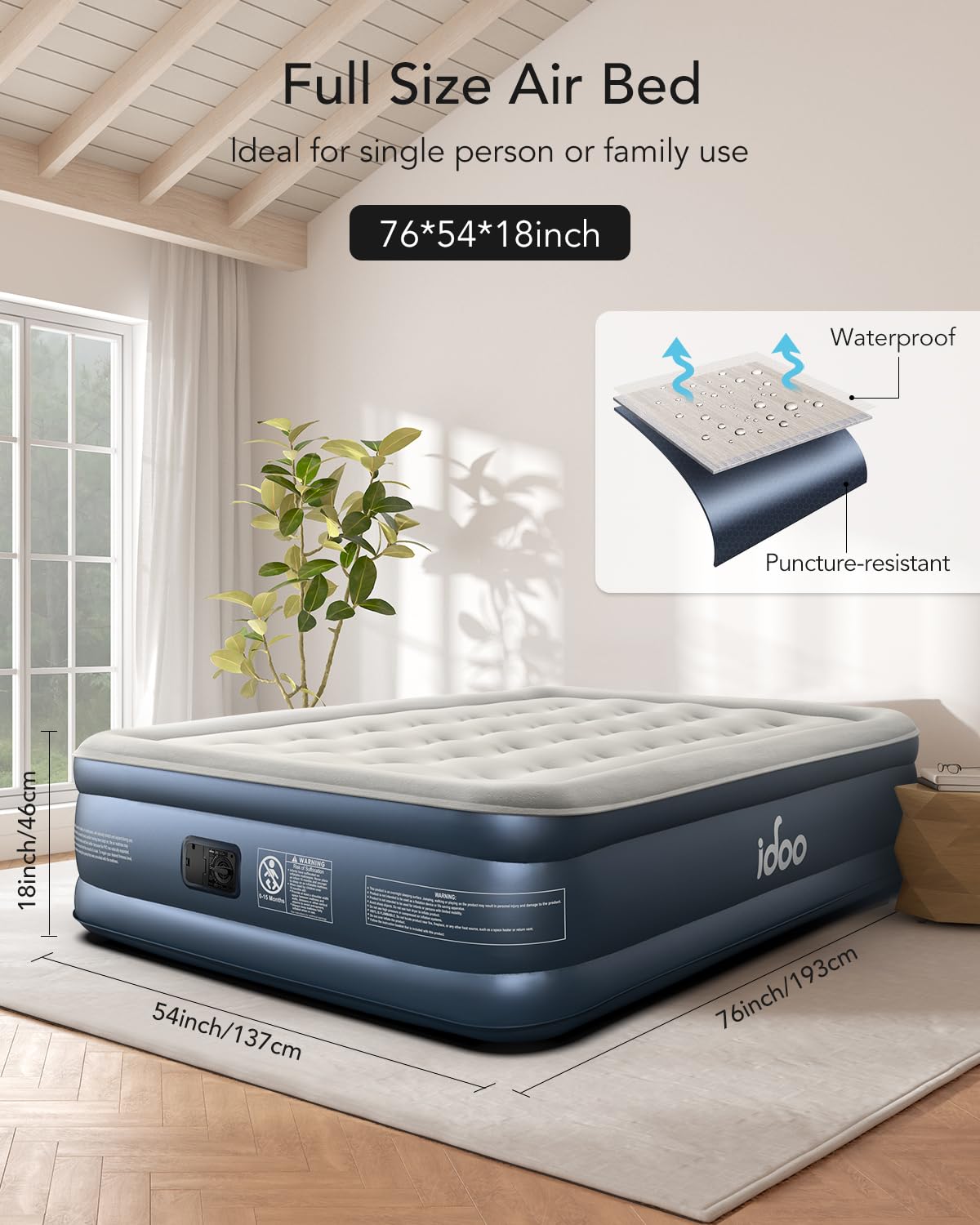 iDOO air mattress full inflated size 76x54x18 inches for comfortable sleeping