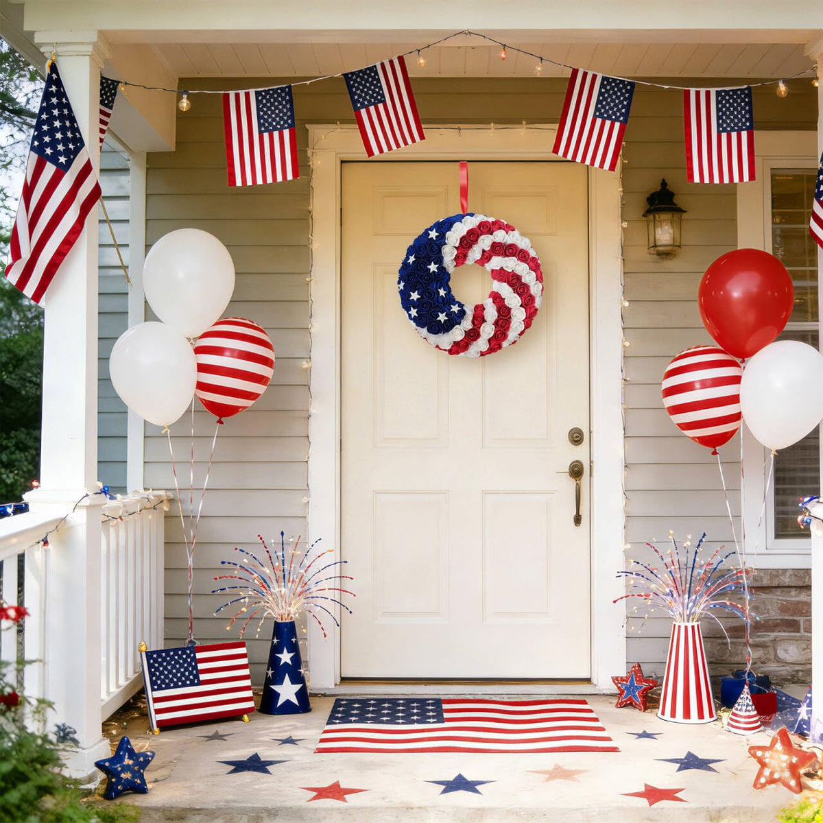 Idyllic 20-inch patriotic wreath adds festive color to porch or entry.