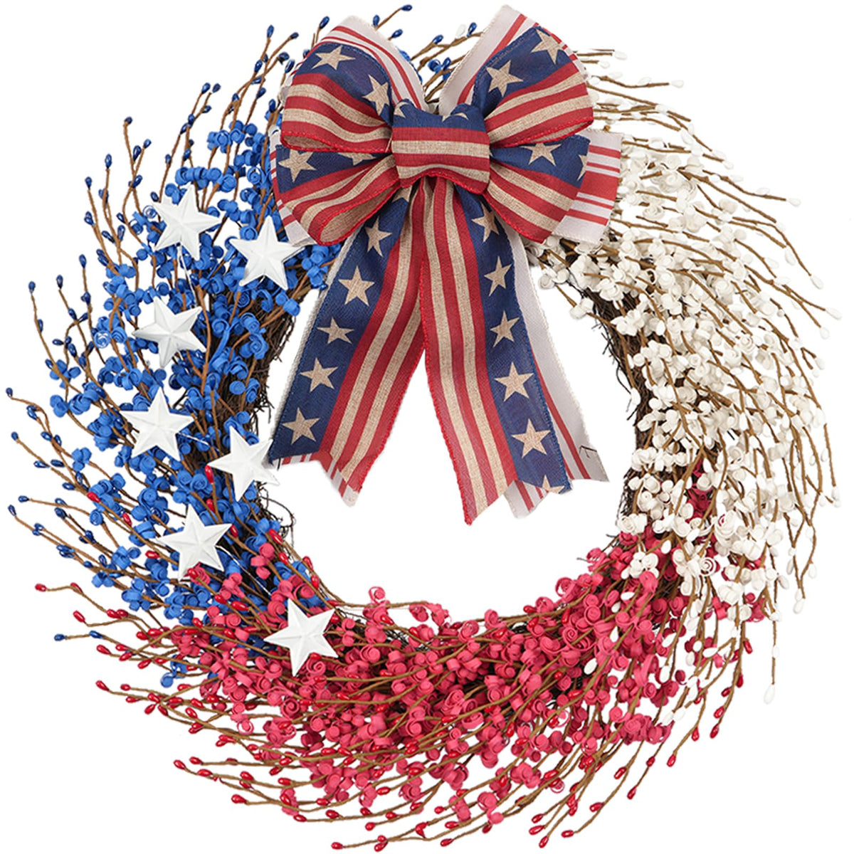 Idyllic 22-inch patriotic wreath on front door featuring bold red white blue ribbons and stars