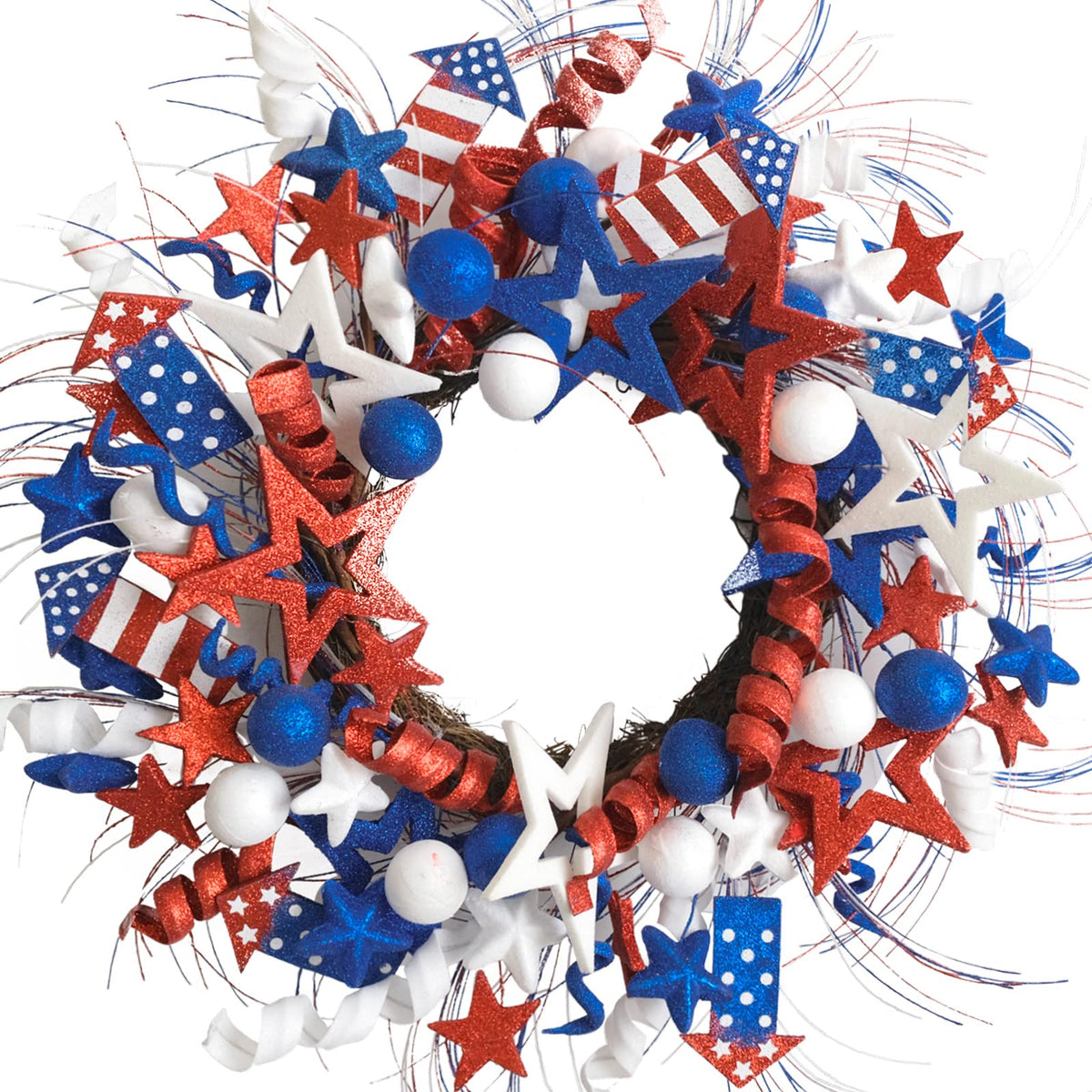 Idyllic 24 inch patriotic wreath with glitter stars for an eye-catching front door.
