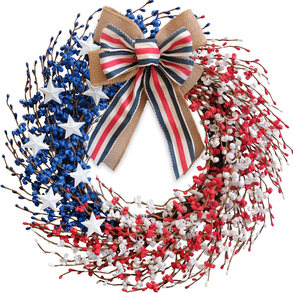Idyllic 4th of July wreath for front door boosts curb appeal.