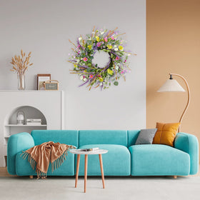 Idyllic artificial floral wreath offers low-maintenance home decor.