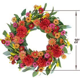 Idyllic bright daisy wreath closeup showing vibrant petals and greenery.