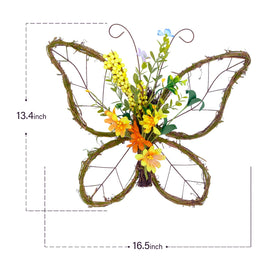 idyllic butterfly wreath close-up shows natural cane twig texture and lifelike butterfly for indoor display