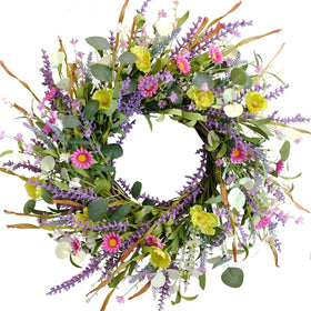 Idyllic daisy-front-door wreath enhances welcoming curb appeal.