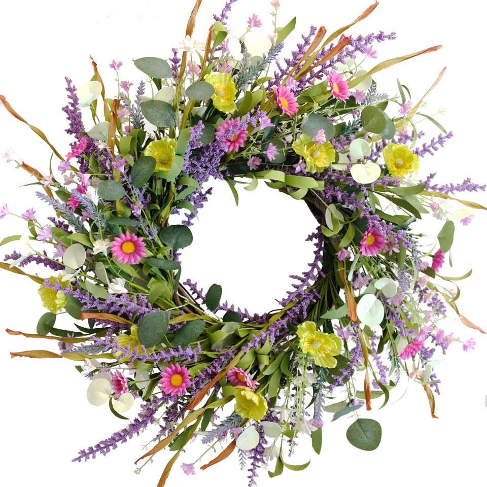 Idyllic daisy-front-door wreath enhances welcoming curb appeal.